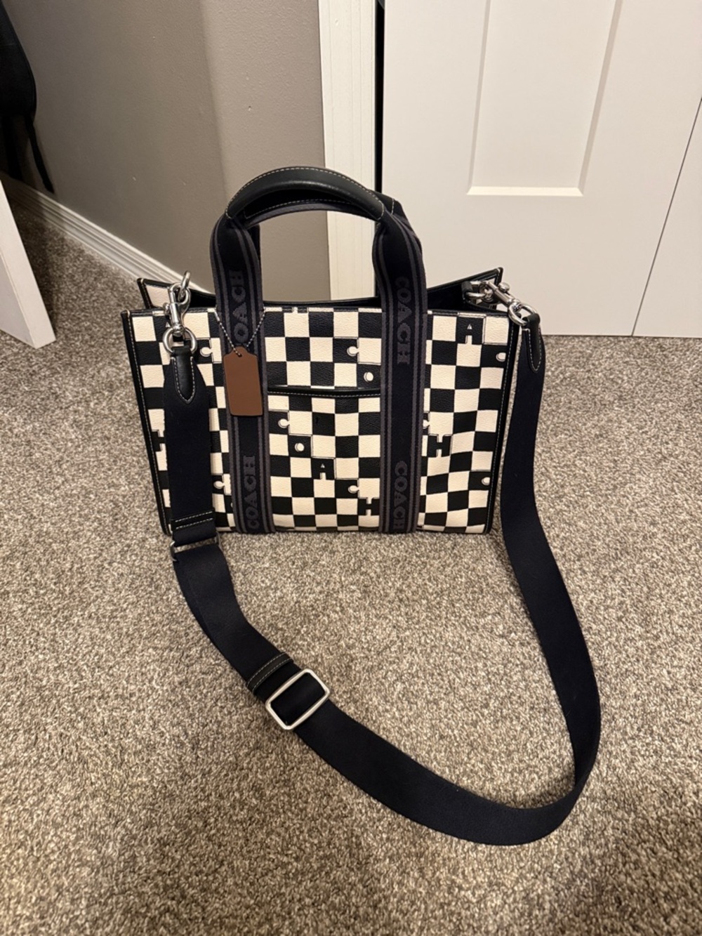 Coach Smith Tote with Black and White Checkerboard Print